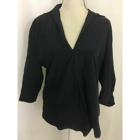 Zara Womens Solid Navy Blue V Neck Long Sleeve Work Career Top Xs - Picture 1 of 7